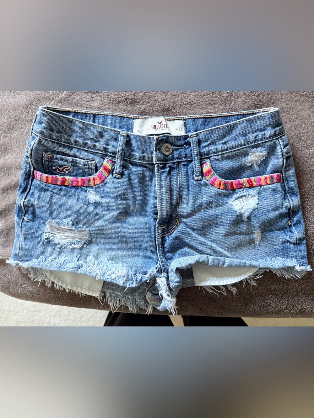 Hollister Light Blue Distressed Denim Shorts with Pink Trim